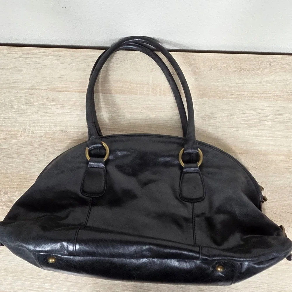 HOBO International Black Leather Satchel Handbag Brass Hardware